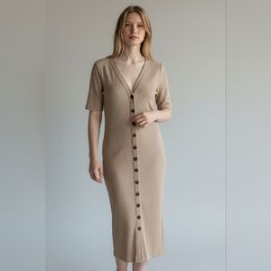 Ann Taylor Ribbed Knit Button Front Midi Dress Neutral Taupe Sz M